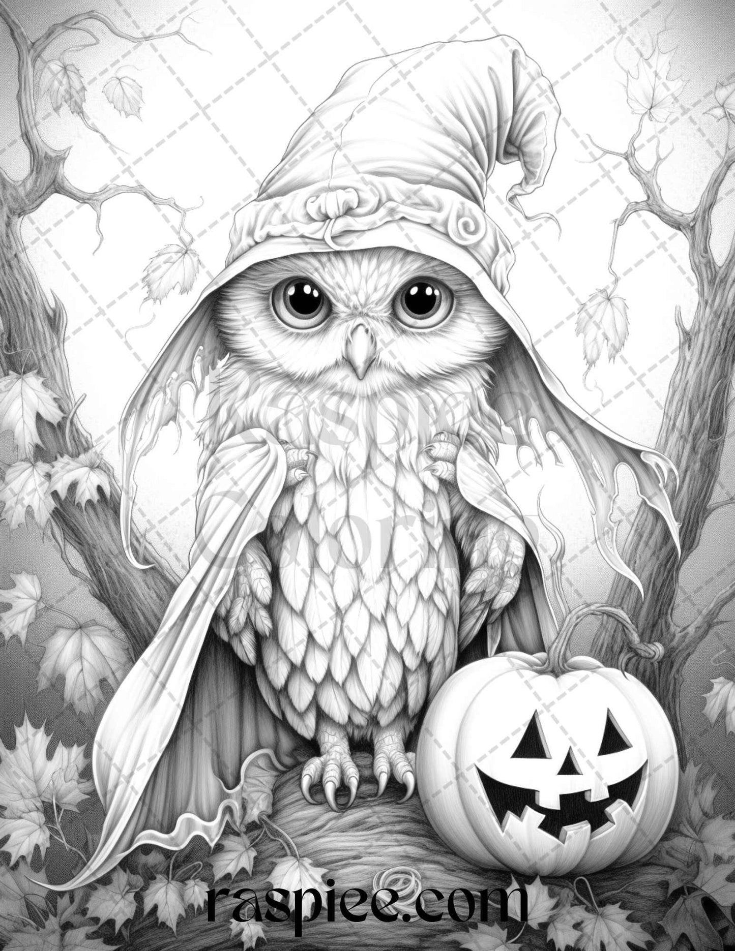 Halloween Witch Owl Grayscale Coloring Pages for Adults and Kids, Printable PDF Instant Download