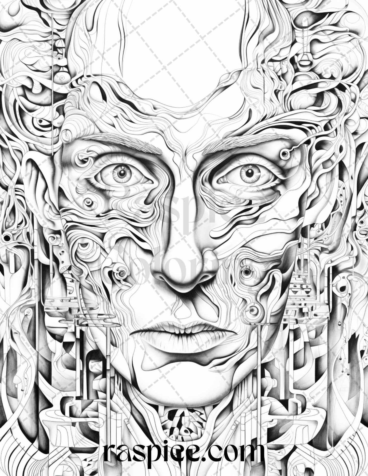 60 Enchanting Surrealism Grayscale Coloring Pages Printable for Adults, PDF File Instant Download