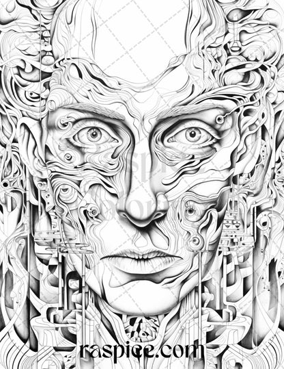 60 Enchanting Surrealism Grayscale Coloring Pages Printable for Adults, PDF File Instant Download