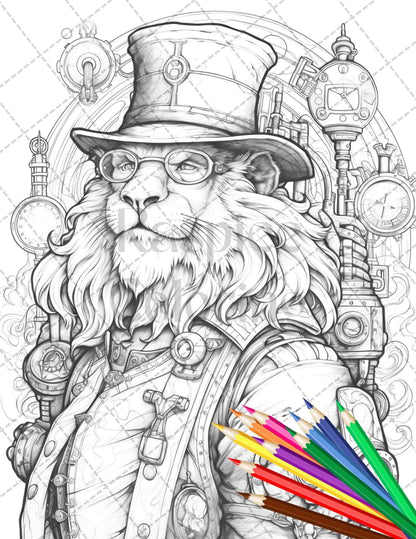 60 Steampunk Animals Grayscale Coloring Pages Printable for Adults, PDF File Instant Download