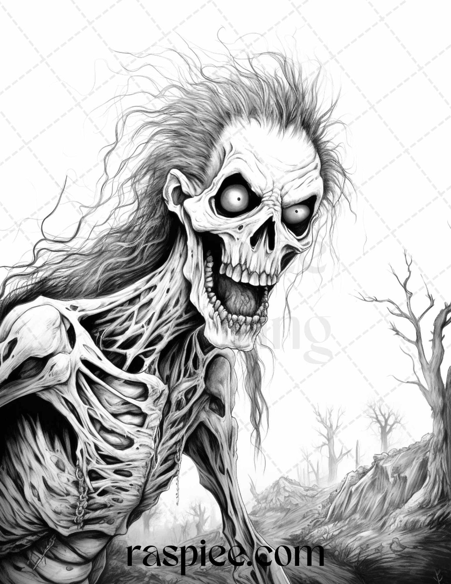 66 Horror Zombie Animals Grayscale Coloring Pages Printable for Adults, PDF File Instant Download