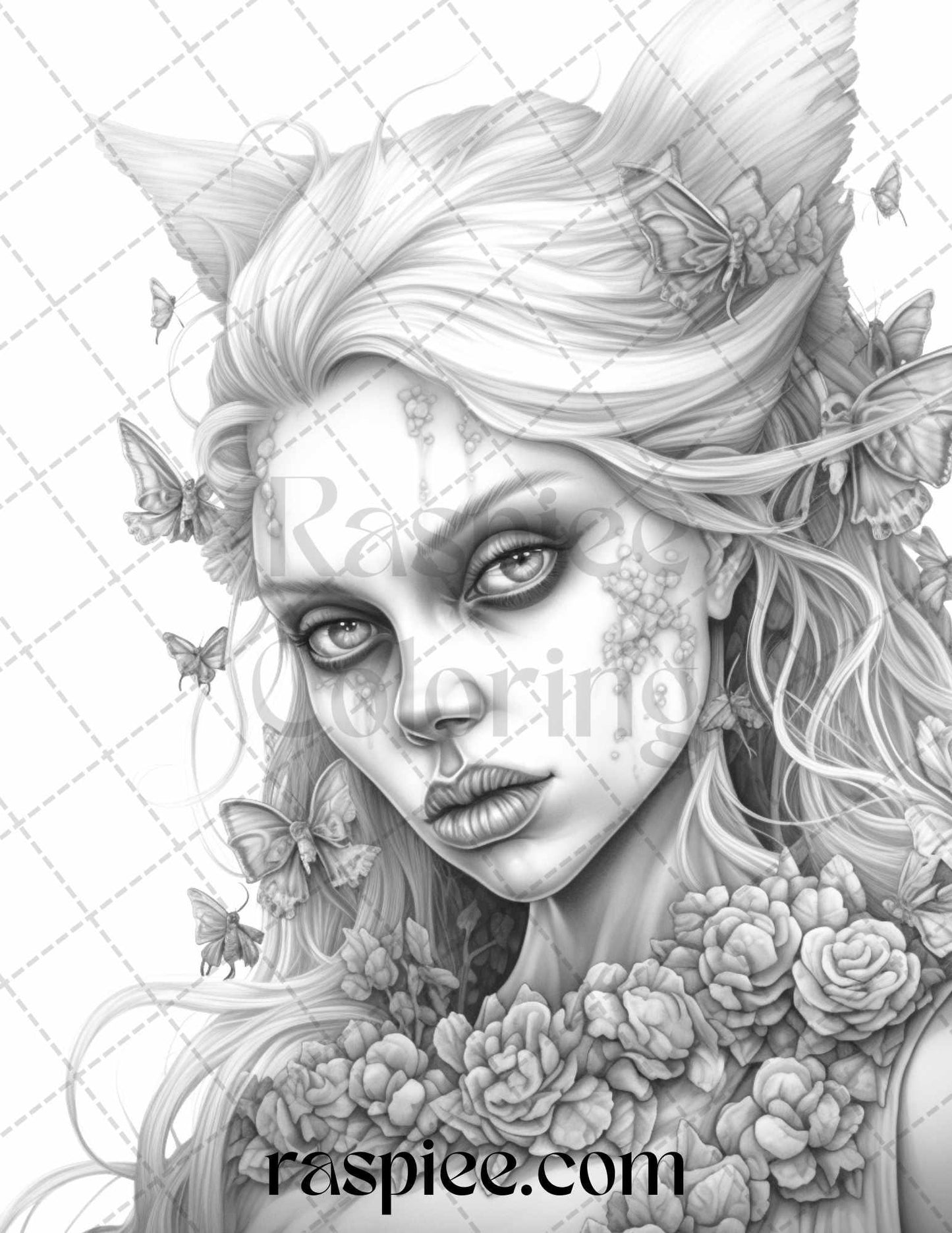 60 Halloween Zombie Fairy Grayscale Coloring Pages Printable for Adults, PDF File Instant Download