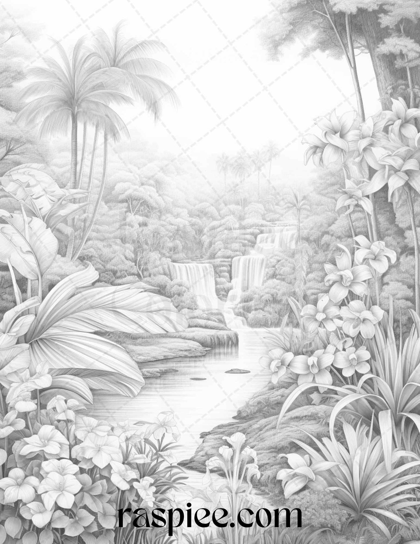 52 Tropical Oasis Grayscale Coloring Pages Printable for Adults, PDF File Instant Download