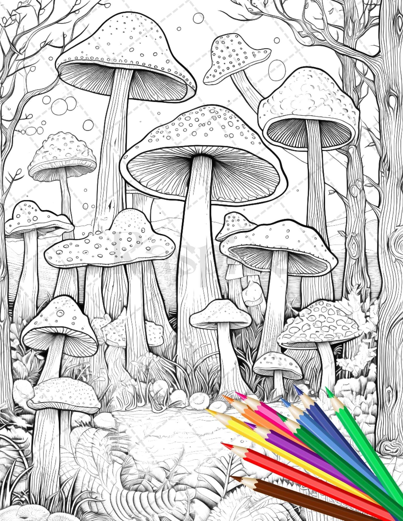 Psychedelic Mushroom Forest Coloring Book Printable for Adults, Trippy Grayscale Coloring Page, PDF File Instant Download
