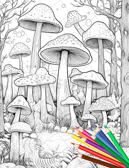 Psychedelic Mushroom Forest Coloring Book Printable for Adults, Trippy Grayscale Coloring Page, PDF File Instant Download