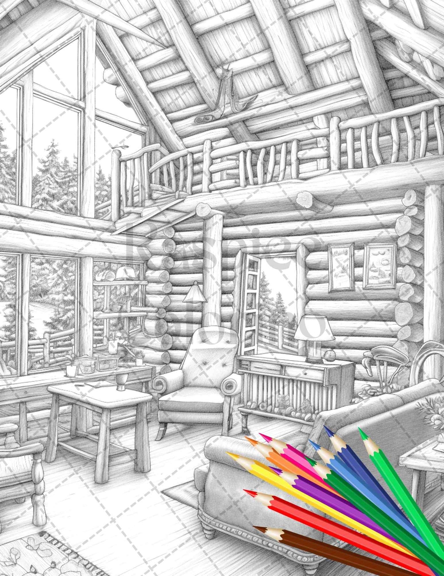 Cozy Cabin Interior Grayscale Coloring Pages Printable for Adults, PDF File Instant Download