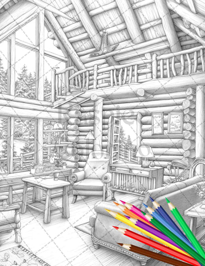 Cozy Cabin Interior Grayscale Coloring Pages Printable for Adults, PDF File Instant Download