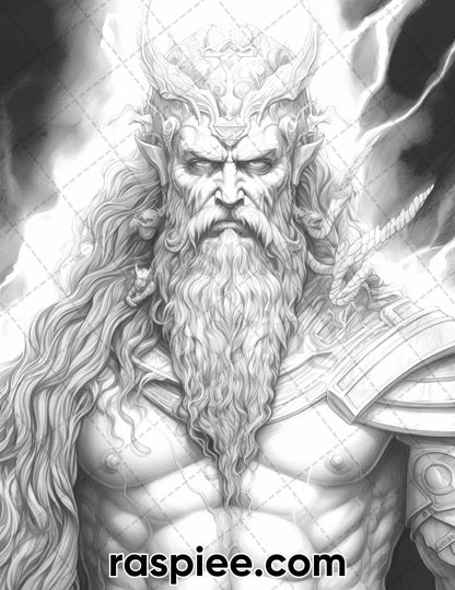 52 Mythology Gods Grayscale Coloring Pages for Adults, Printable PDF Instant Download