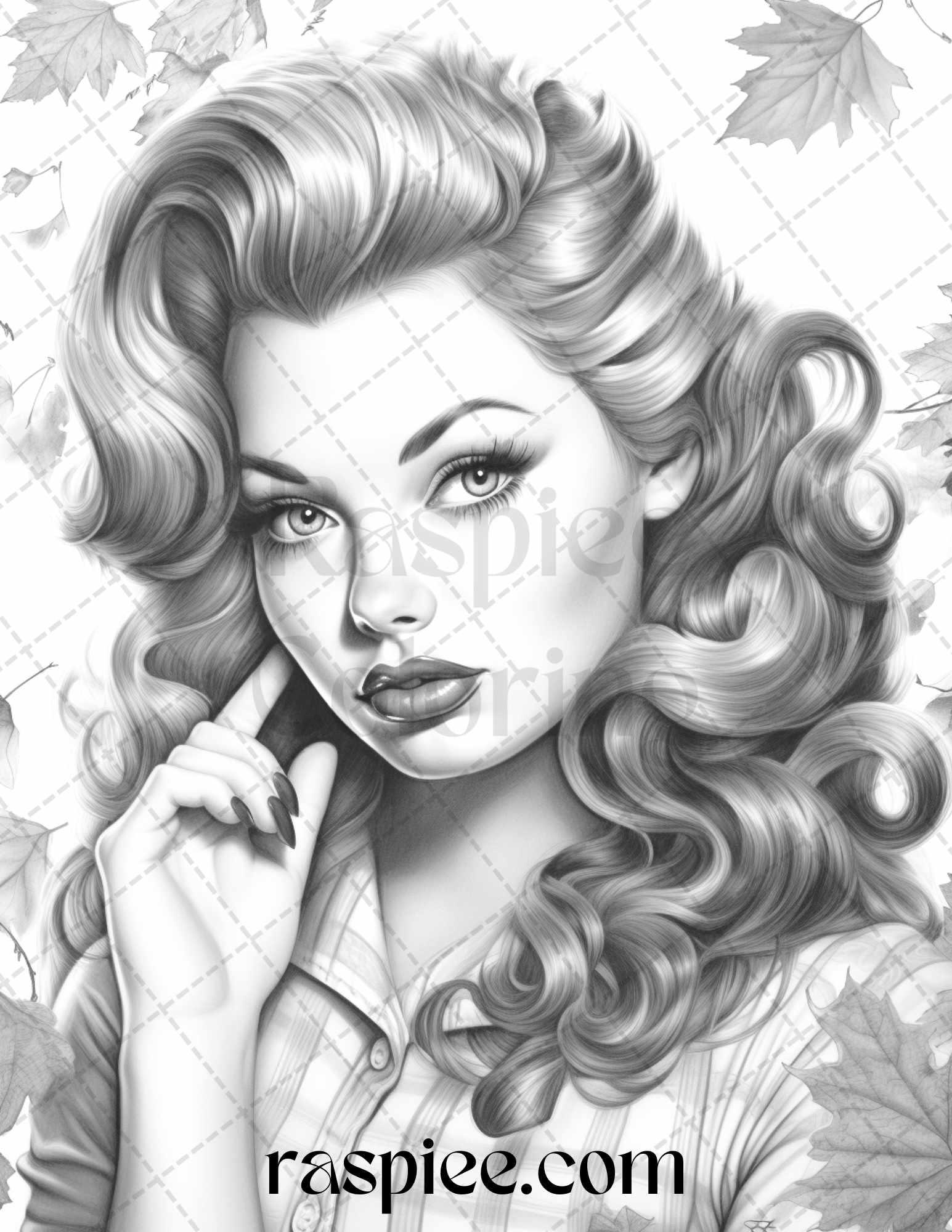 55 Autumn Pin Up Girls Grayscale Coloring Pages Printable for Adults, PDF File Instant Download