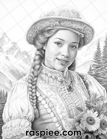 55 Traditional Swiss Girls Grayscale Adult Coloring Pages, Printable PDF Instant Download