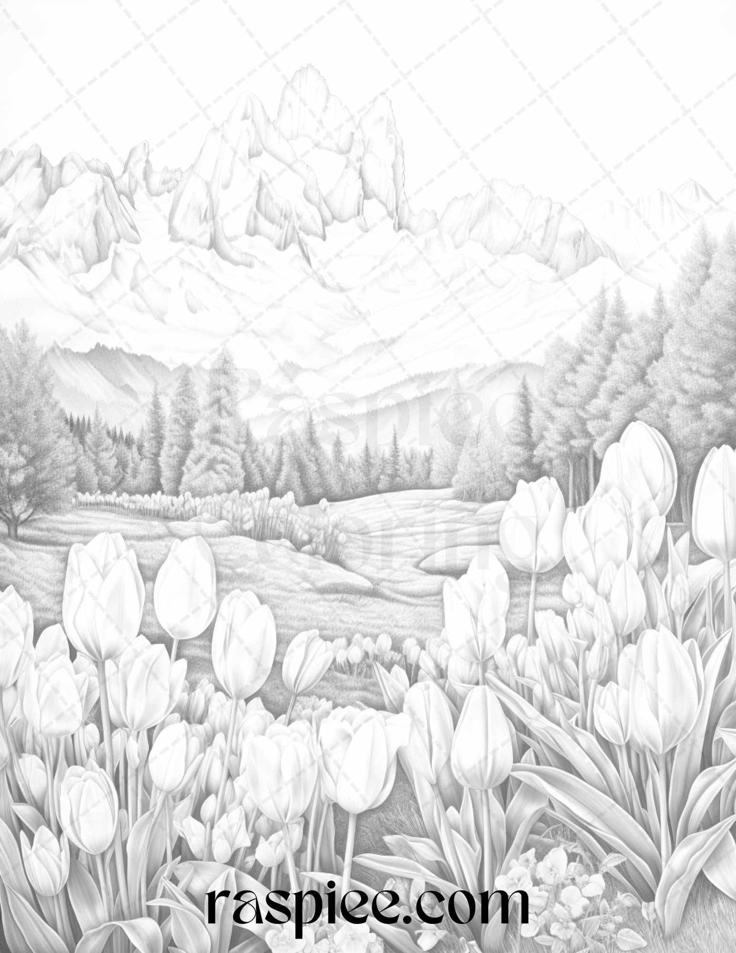 60 Mountain Flower Landscapes Grayscale Coloring Pages Printable for Adults, PDF File Instant Download