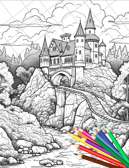 122 Fantasy Castles Coloring Book for Adults, Grayscale Coloring Page, Printable PDF Instant Download