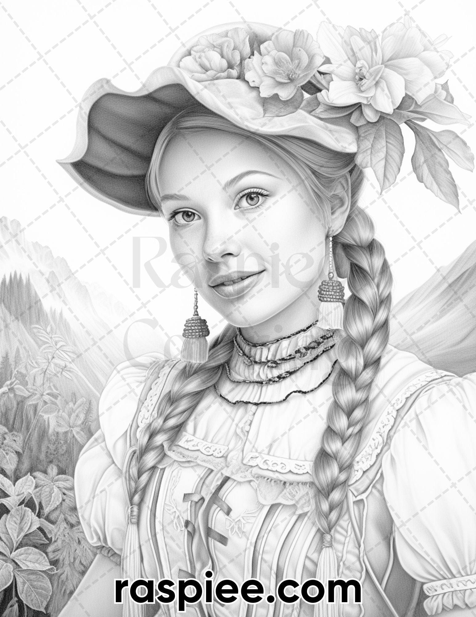 55 Traditional Swiss Girls Grayscale Adult Coloring Pages, Printable PDF Instant Download