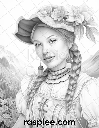 55 Traditional Swiss Girls Grayscale Adult Coloring Pages, Printable PDF Instant Download
