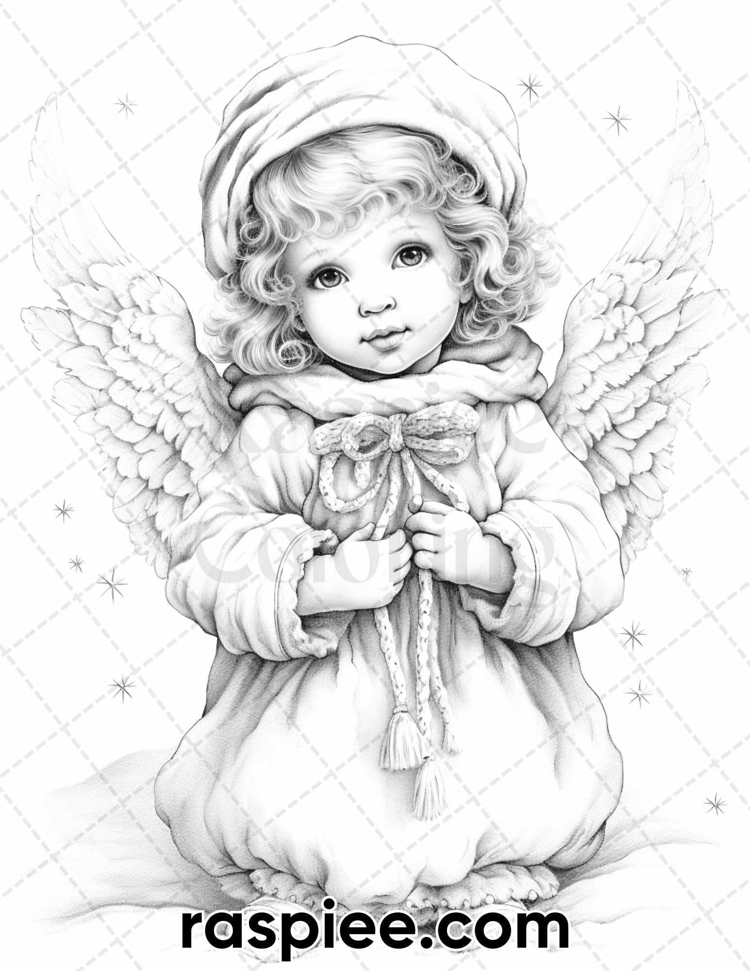 55 Christmas Angel Grayscale Coloring Pages for Adults, Printable PDF Instant Download