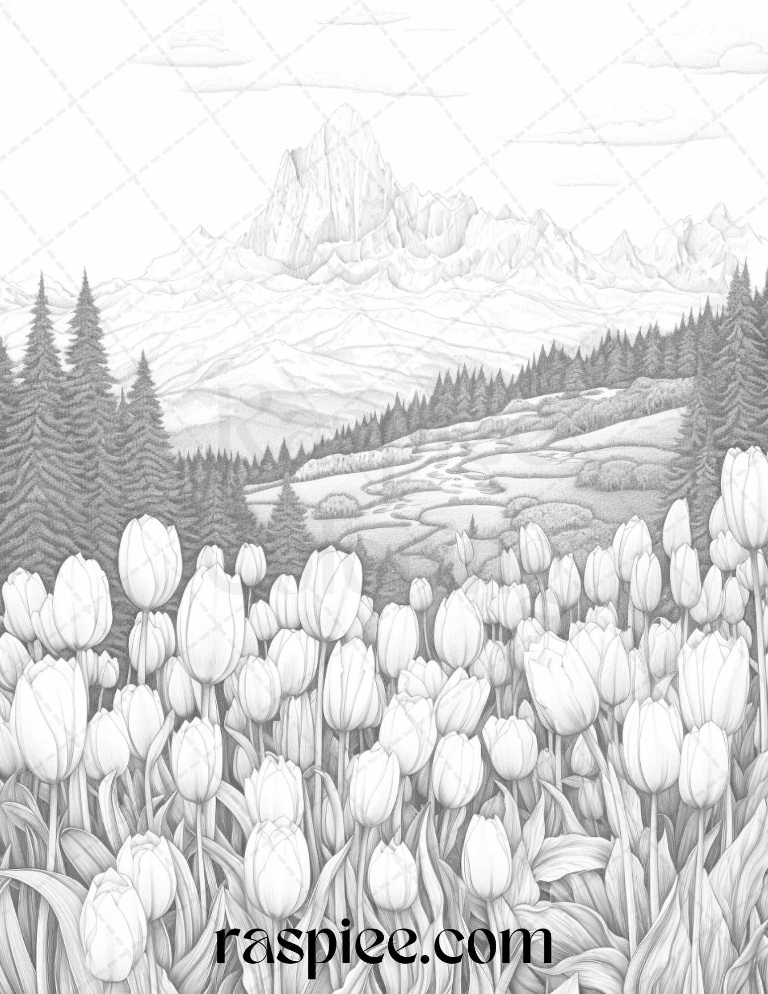 60 Mountain Flower Landscapes Grayscale Coloring Pages Printable for Adults, PDF File Instant Download