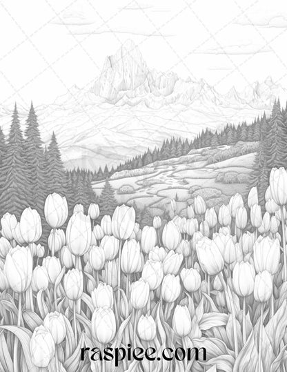 60 Mountain Flower Landscapes Grayscale Coloring Pages Printable for Adults, PDF File Instant Download