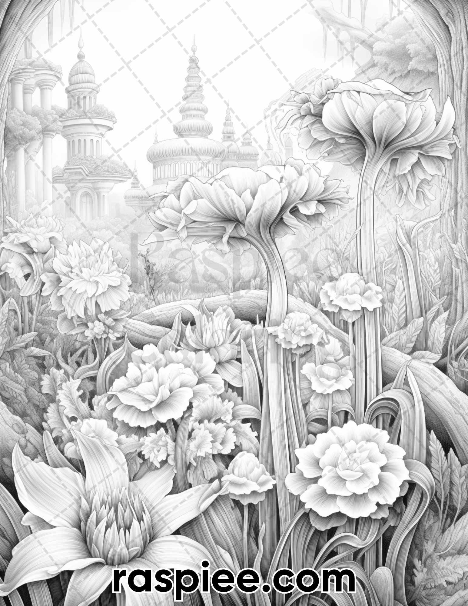 55 Fantasy Flowers Grayscale Coloring Pages for Adults, Printable PDF File Instant Download