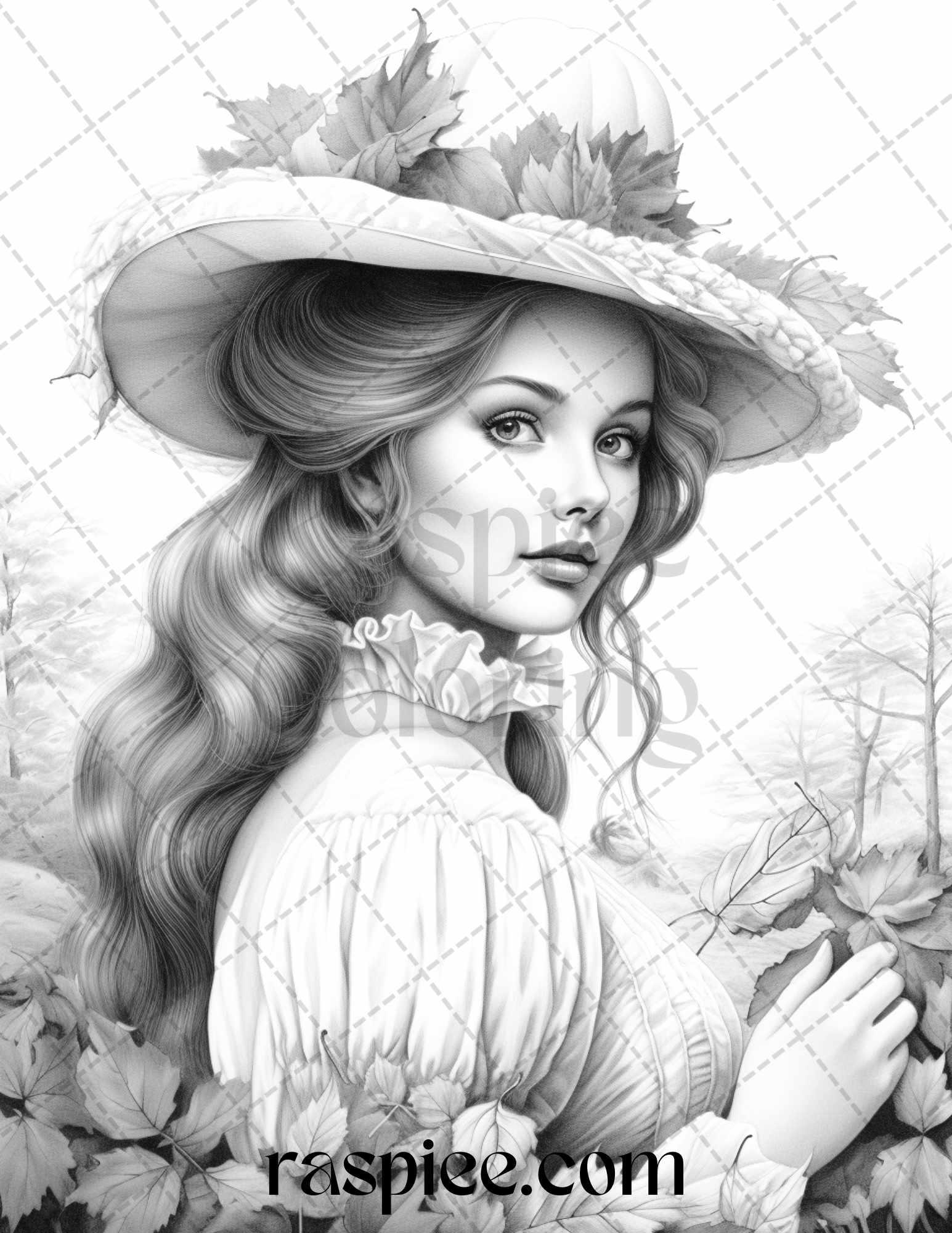 60 Victorian Autumn Portrait Grayscale Coloring Pages Printable for Adults, PDF File Instant Download
