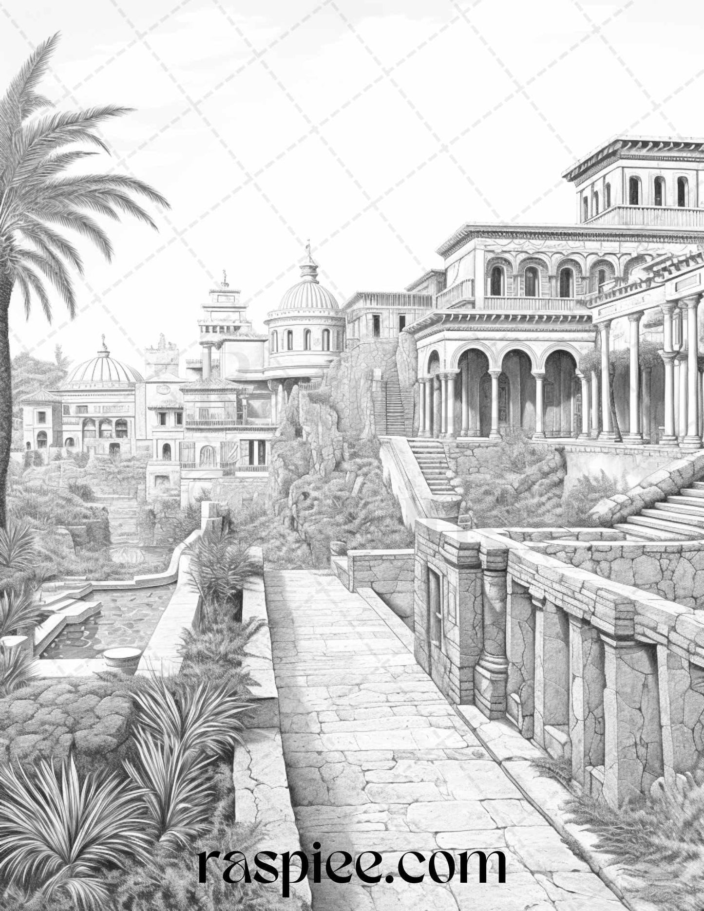 Roman Architecture Grayscale Coloring Pages Printable for Adults, PDF File Instant Download