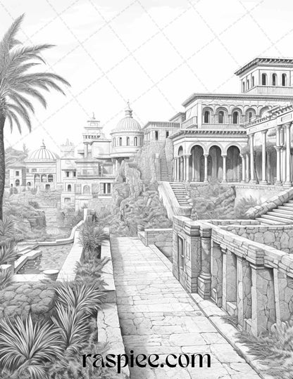 Roman Architecture Grayscale Coloring Pages Printable for Adults, PDF File Instant Download