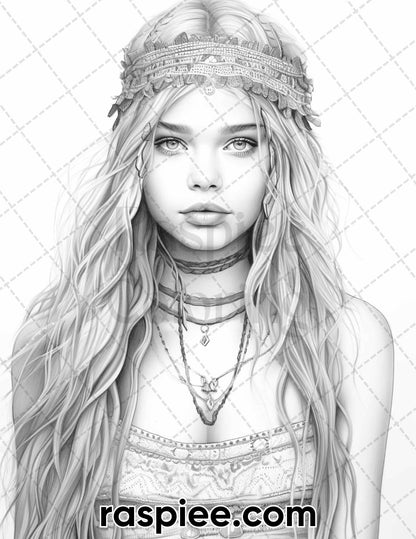 60 Bohemian Beauties Grayscale Coloring Pages for Adults, Printable PDF Instant Download