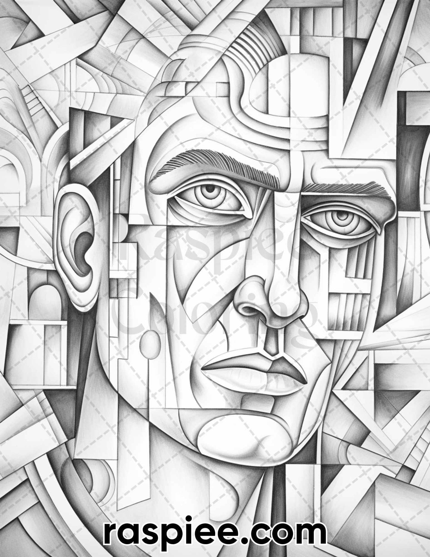 60 Abstract Faces Grayscale Adult Coloring Pages, Printable PDF Instant Download