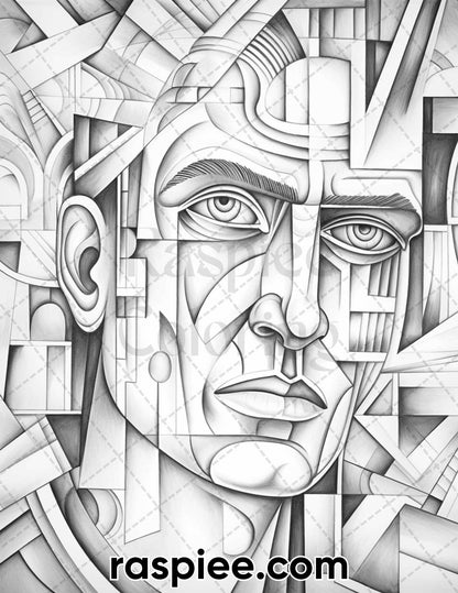 60 Abstract Faces Grayscale Adult Coloring Pages, Printable PDF Instant Download