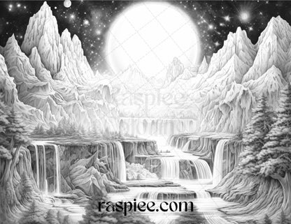 55 Celestial Landscapes Grayscale Coloring Pages Printable for Adults, PDF File Instant Download