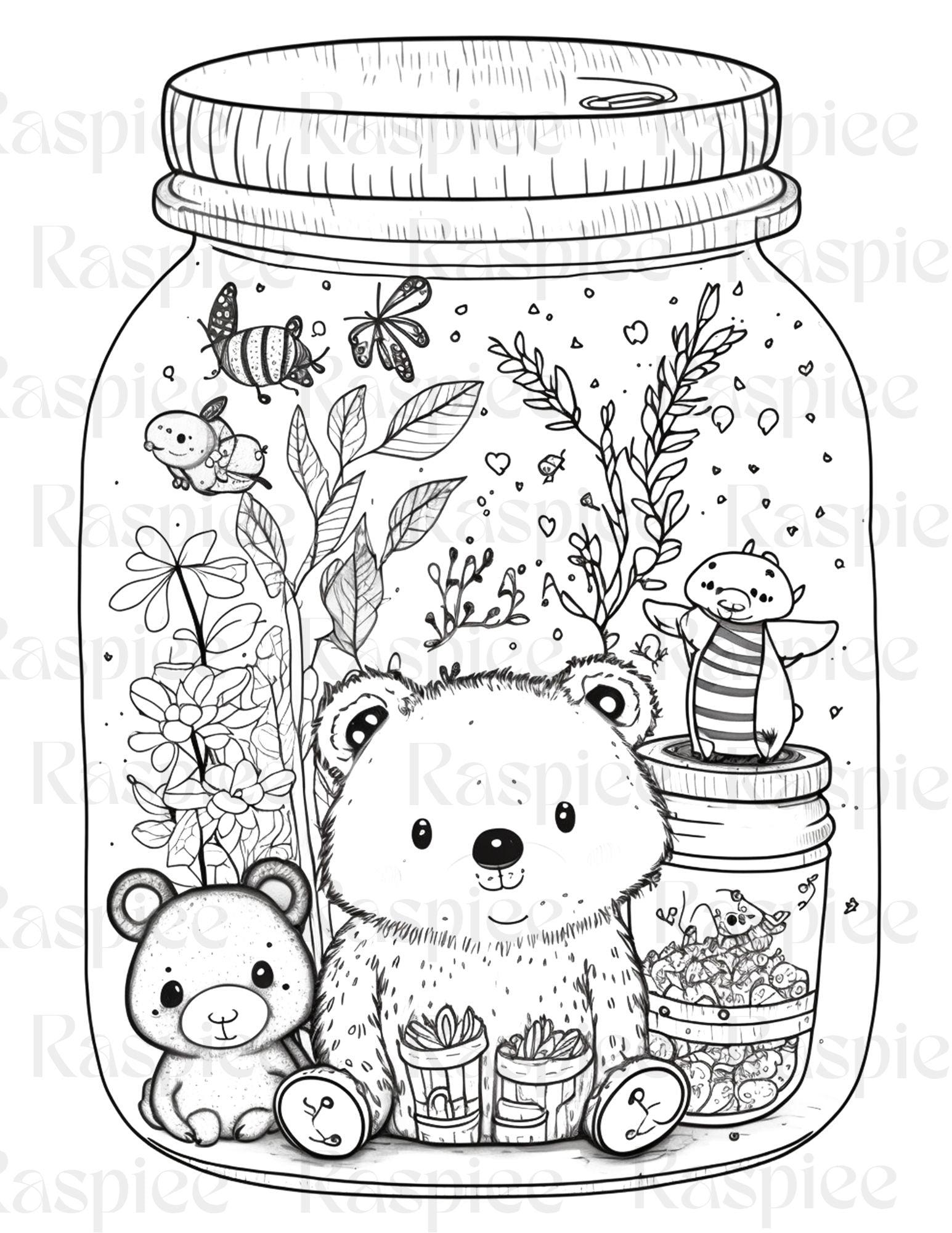 100 Animal in Jar Coloring Pages, Printable Coloring Pages for Kids and Adults, Printable PDF File Instant Download