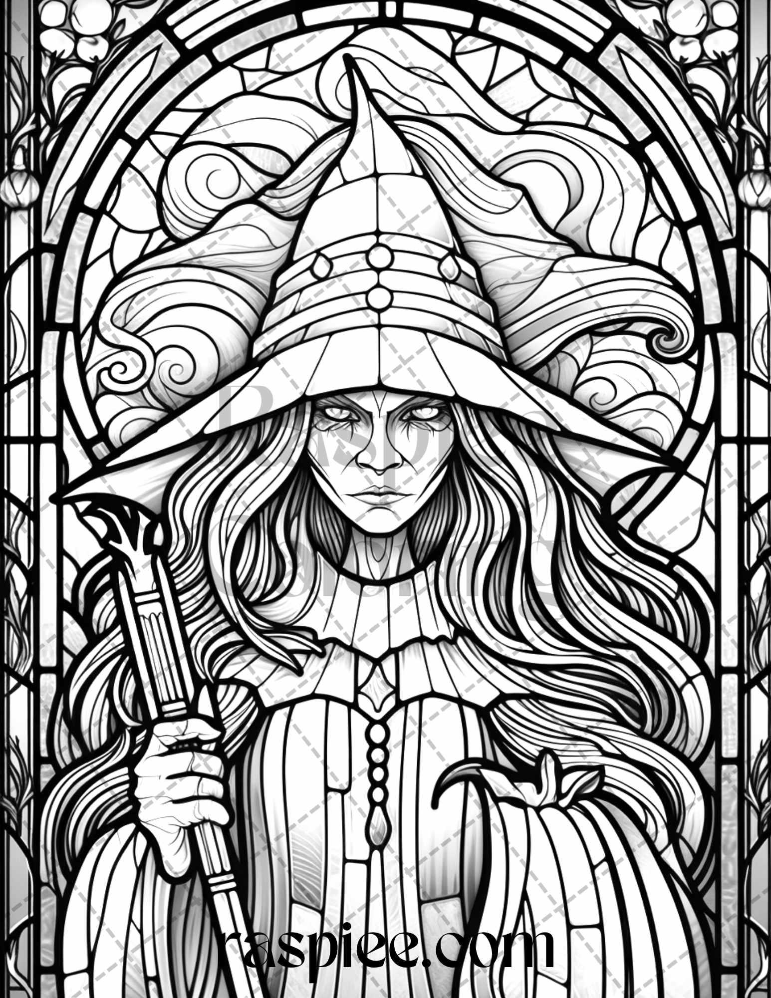 70 Halloween Stained Glass Grayscale Coloring Pages Printable for Adults, PDF File Instant Download