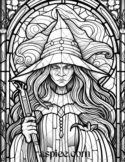 70 Halloween Stained Glass Grayscale Coloring Pages Printable for Adults, PDF File Instant Download