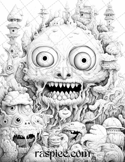 53 Surreal Creatures Grayscale Coloring Pages for Adults, Printable PDF File Instant Download