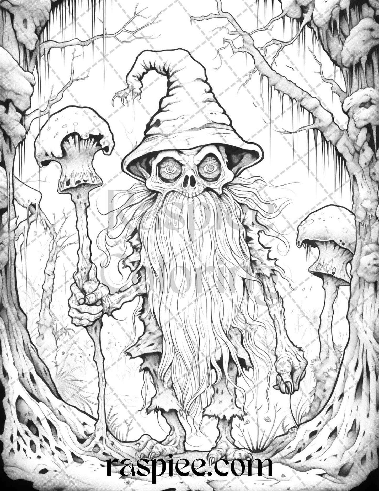 50 Horror Zombie Gnomes Grayscale Coloring Pages Printable for Adults, PDF File Instant Download