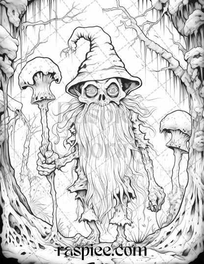 50 Horror Zombie Gnomes Grayscale Coloring Pages Printable for Adults, PDF File Instant Download