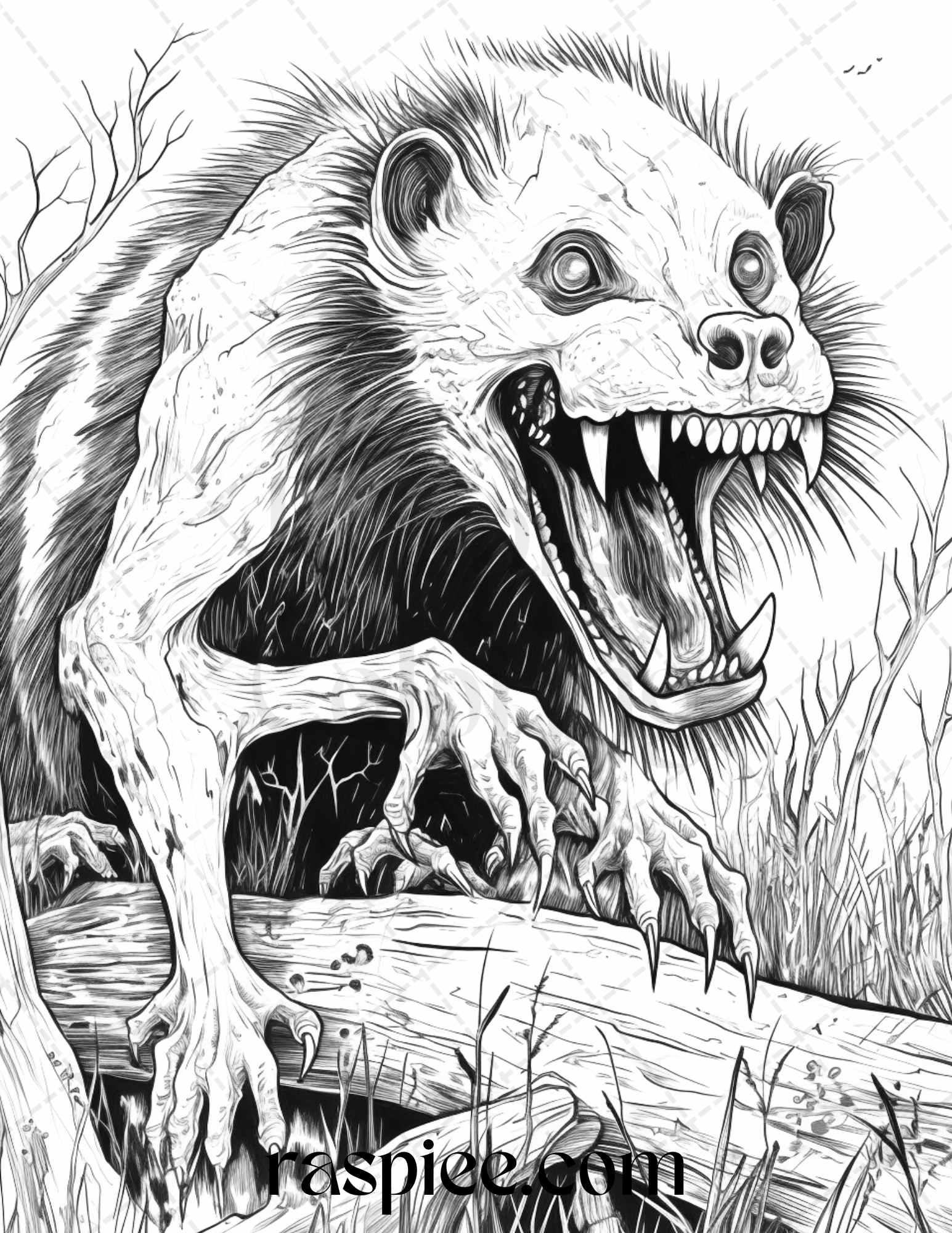 66 Horror Zombie Animals Grayscale Coloring Pages Printable for Adults, PDF File Instant Download