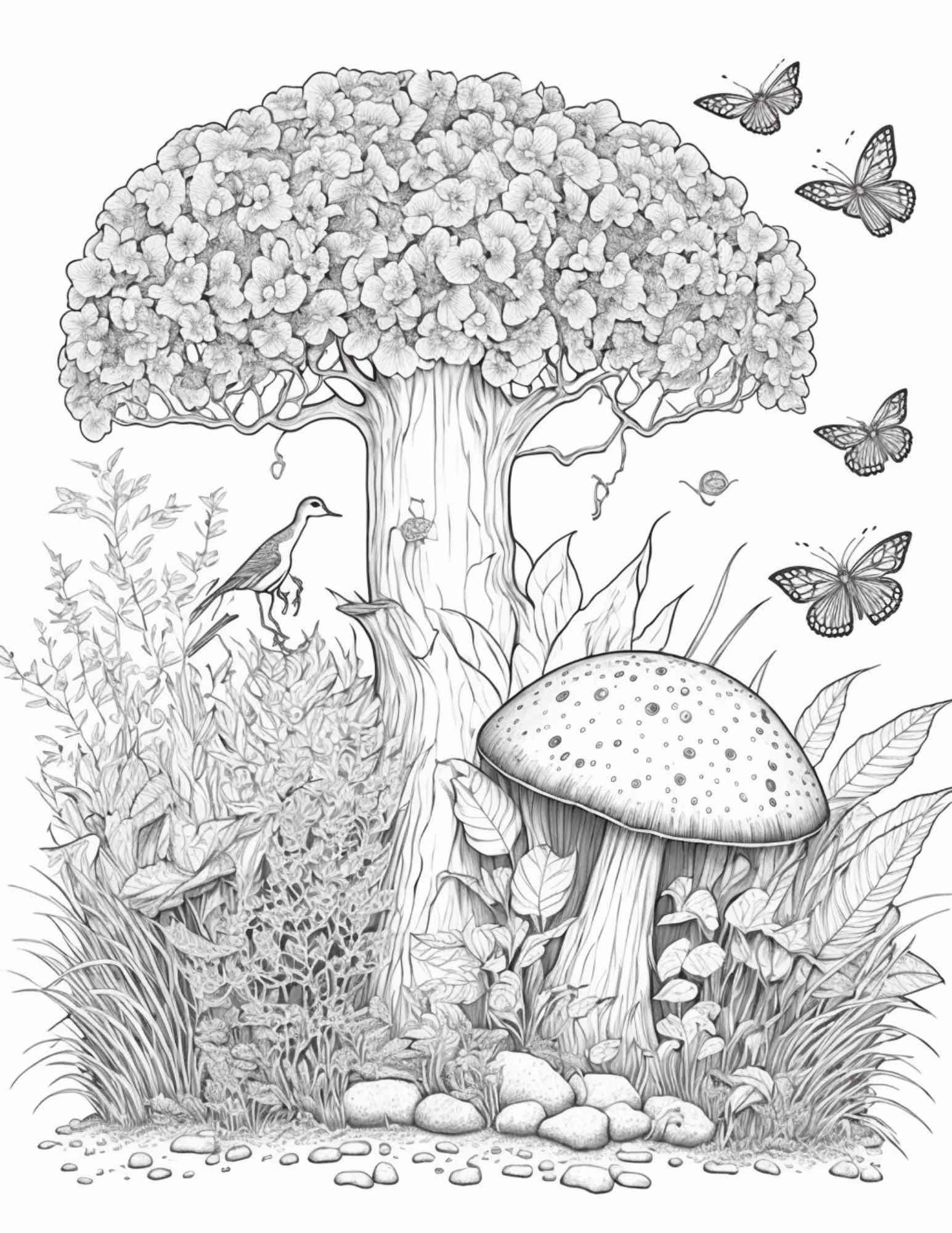 100 Mushroom Forest Coloring Pages Printable for Adults and Kids, Grayscale Coloring Book, Printable PDF File Instant Download