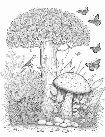 100 Mushroom Forest Coloring Pages Printable for Adults and Kids, Grayscale Coloring Book, Printable PDF File Instant Download