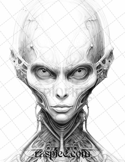 65 Alien Portrait Grayscale Coloring Pages for Adults, Printable PDF File Instant Download