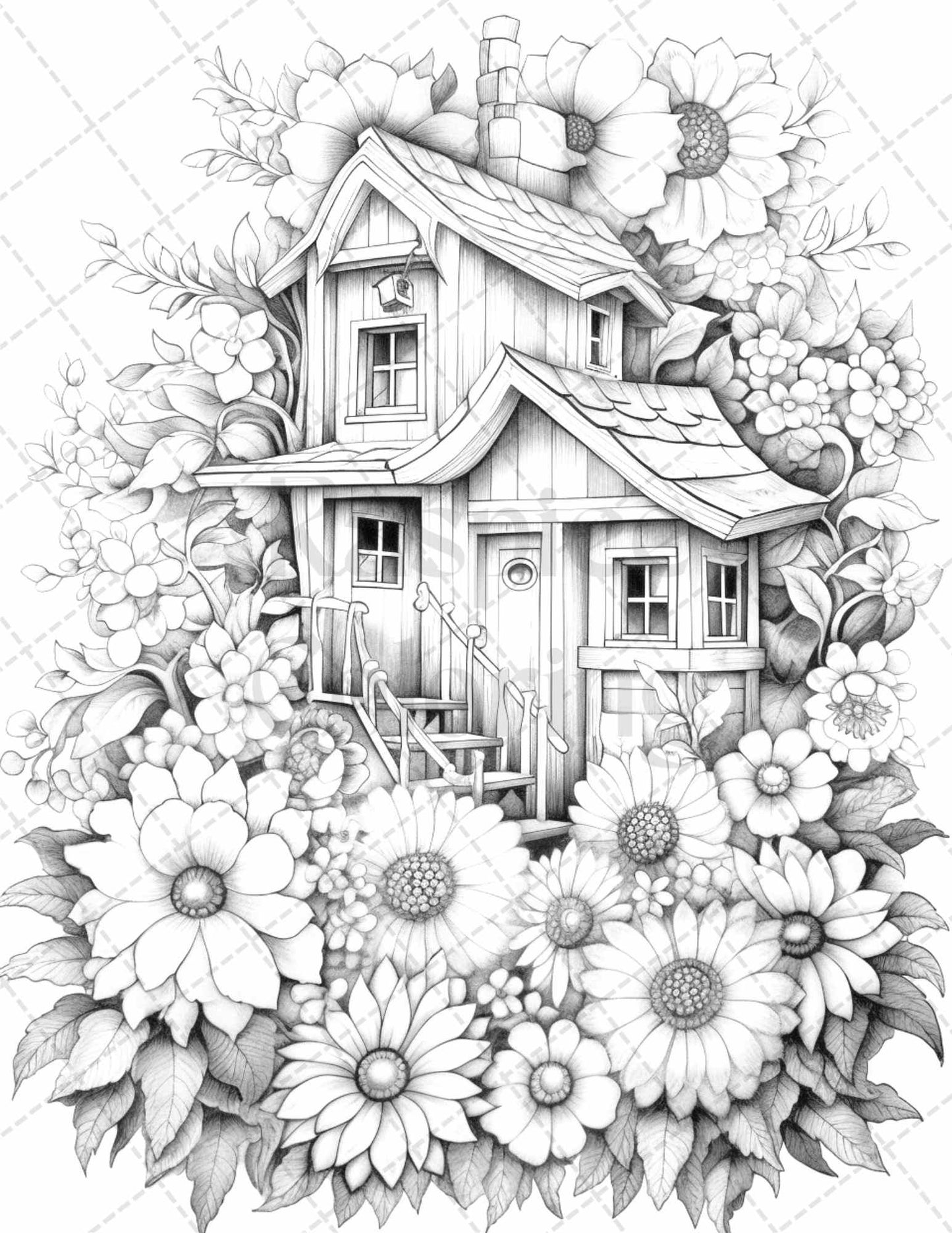 60 Flower Houses Grayscale Coloring Pages Printable for Adults, PDF File Instant Download