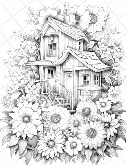 60 Flower Houses Grayscale Coloring Pages Printable for Adults, PDF File Instant Download