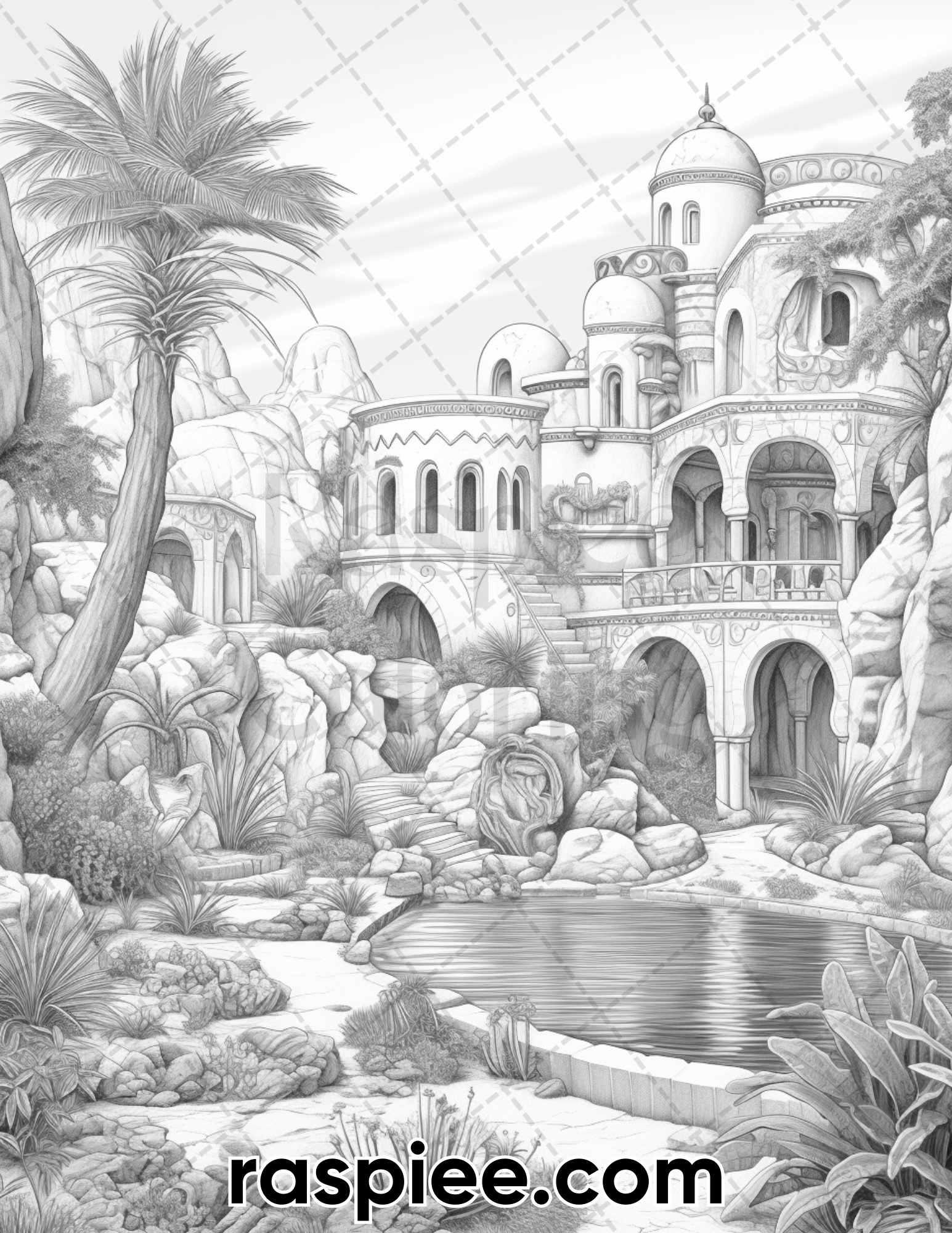 55 Desert Oasis Fairy Homes Grayscale Coloring Pages for Adults, Printable PDF Instant Download