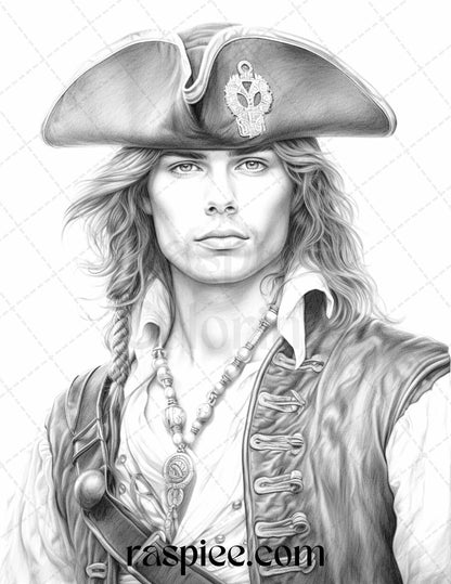 60 Pirate Life Grayscale Coloring Pages Printable for Adults, Stress Relief Coloring, PDF File Instant Download