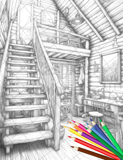 Cozy Cabin Interior Grayscale Coloring Pages Printable for Adults, PDF File Instant Download
