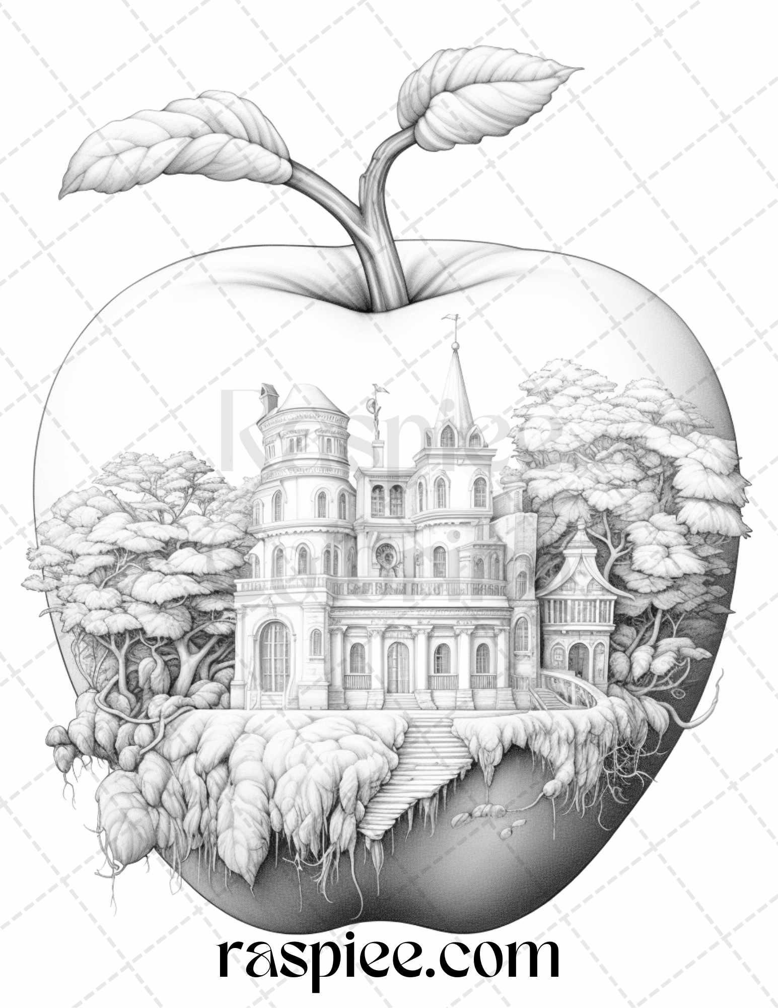 60 Miniworld in the Apple Grayscale Coloring Pages Printable for Adults, PDF File Instant Download
