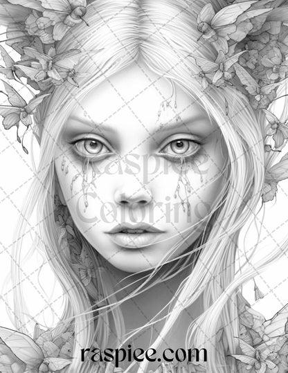60 Halloween Zombie Fairy Grayscale Coloring Pages Printable for Adults, PDF File Instant Download