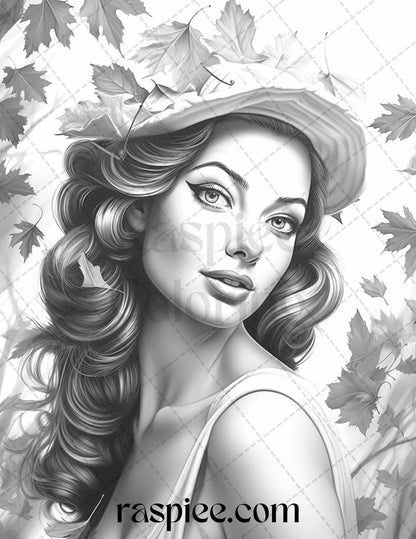 55 Autumn Pin Up Girls Grayscale Coloring Pages Printable for Adults, PDF File Instant Download