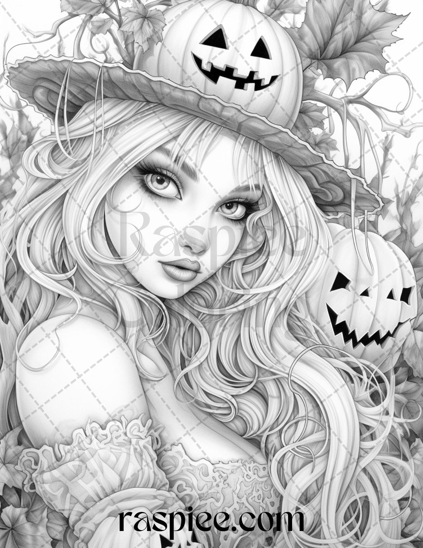 55 Halloween Girls Grayscale Coloring Pages Printable for Adults, PDF File Instant Download