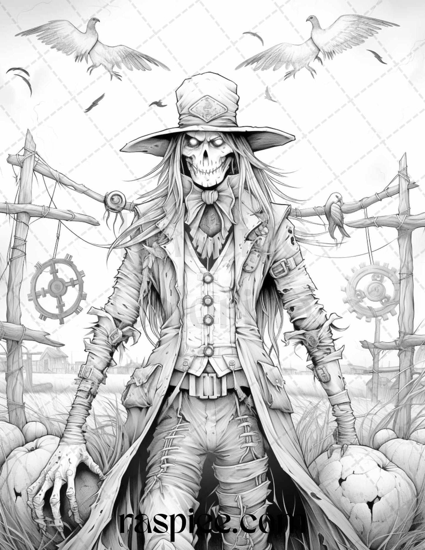 53 Scary Steampunk Scarecrows Grayscale Coloring Pages Printable for Adults, PDF File Instant Download