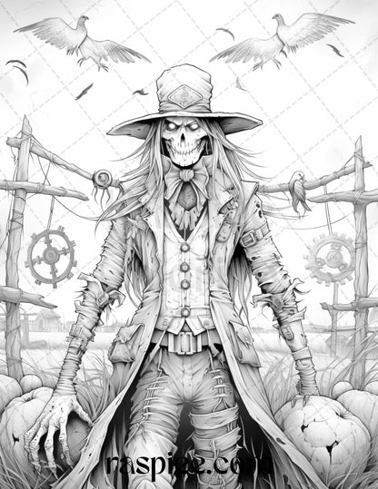 53 Scary Steampunk Scarecrows Grayscale Coloring Pages Printable for Adults, PDF File Instant Download